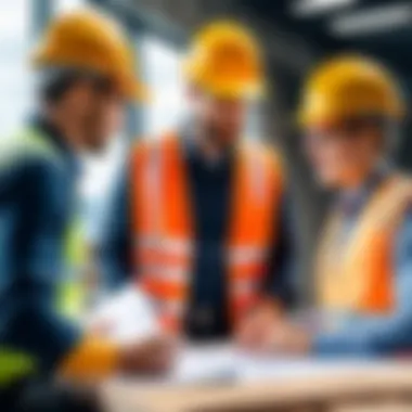 Team Discussion on Selecting Bookkeeping Software A team discussing bookkeeping software options at a construction site