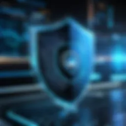 An illustration of a cybersecurity shield protecting a network