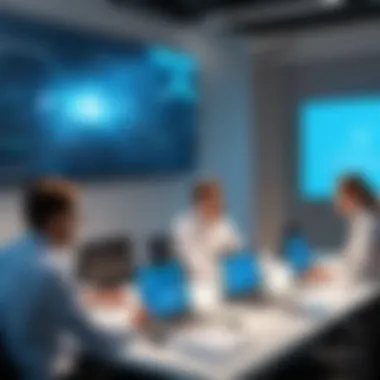 Engaging in Knowledge Exchange A collaborative workspace depicting team members engaging in knowledge exchange