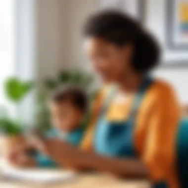 Caregiver Using Childcare Application A caregiver interacting with a mobile app to track childcare activities