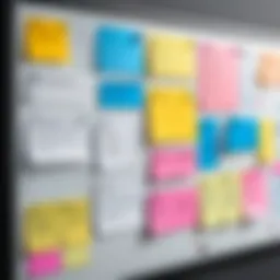 Digital representation of a scrum board with sticky notes