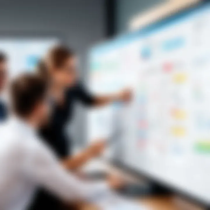 Team collaboration around a scrum board in a meeting