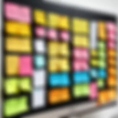 A Kanban taskboard filled with colored sticky notes representing different project stages.